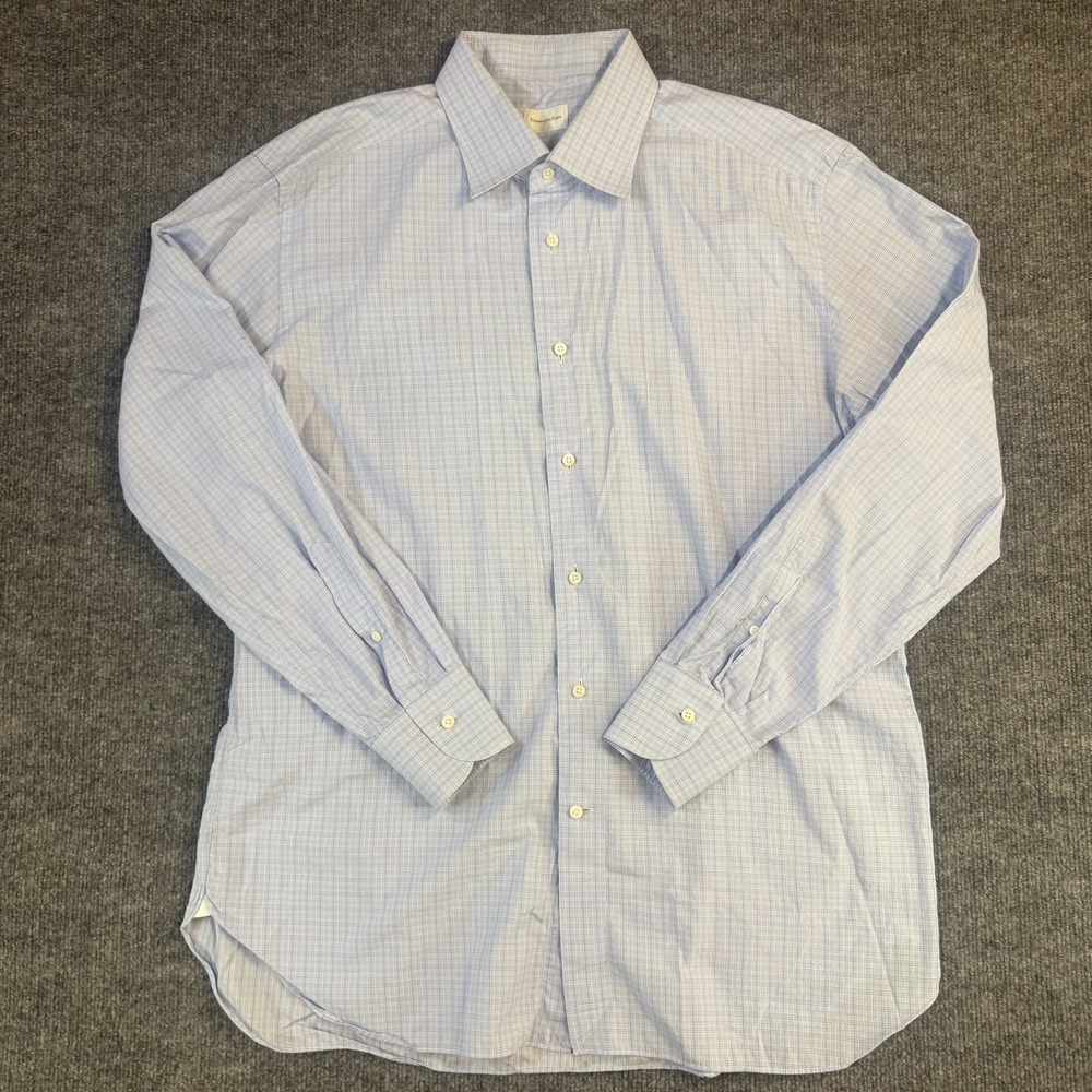 Ermenegildo Zegna Dress Shirt Mens 44 17.5 Light Blue Plaid Check Long Sleeve